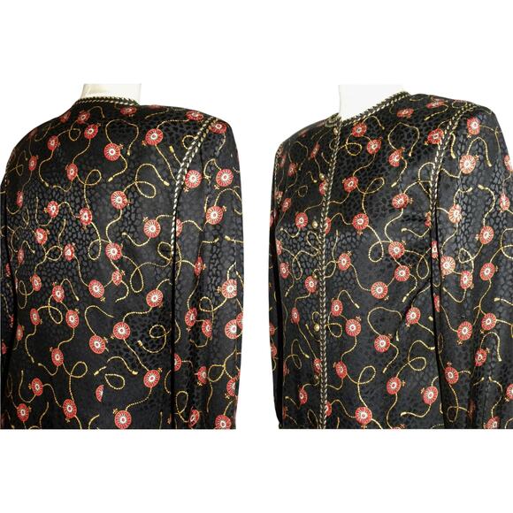 80s Scarf Print SILK Blouse | Fleur-de-Lis Tassel Black Red Gold Pattern | S - Picture 10 of 10